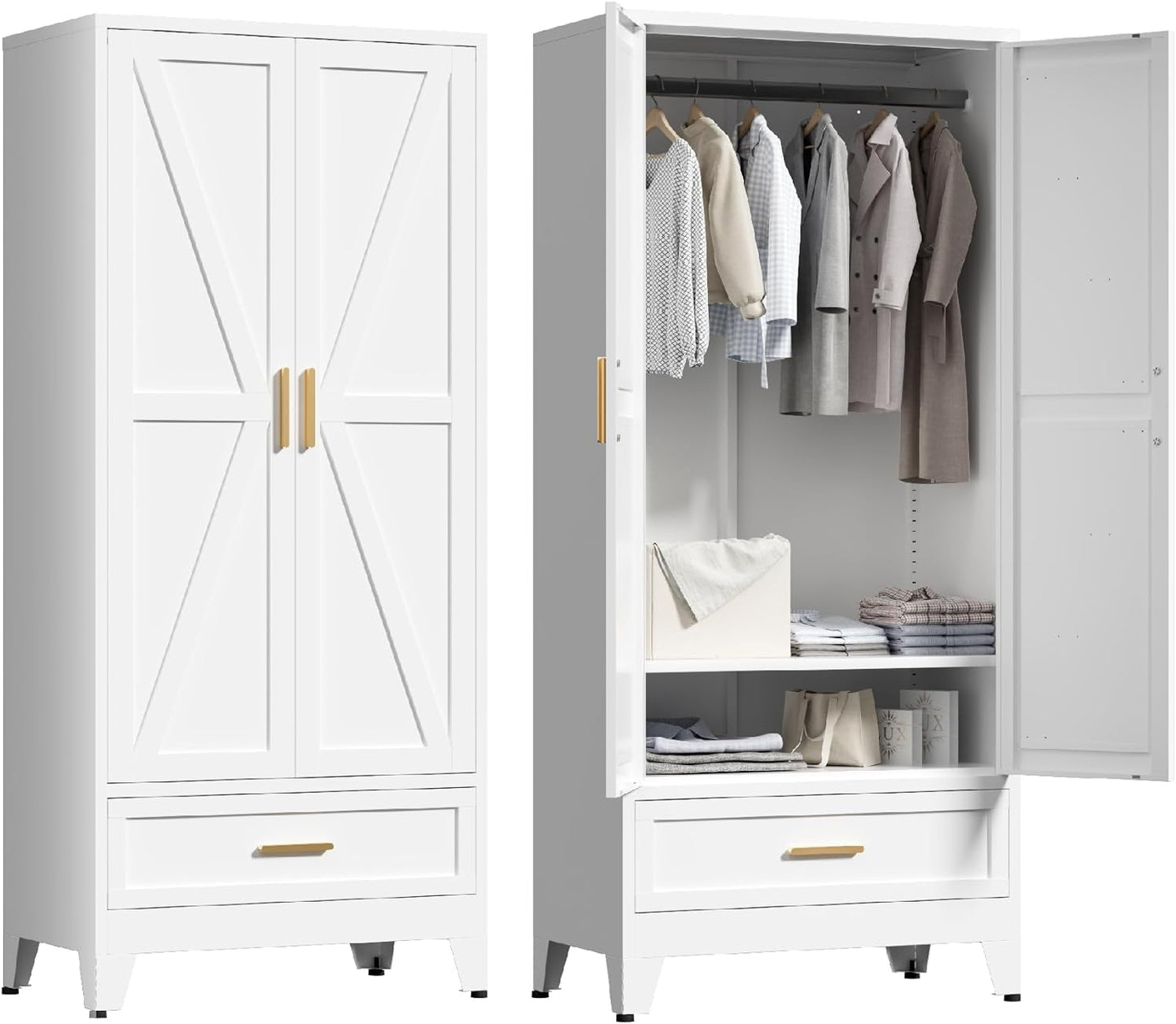 71'' Farmhouse Metal Wardrobe Cabinet with Hanging Rod, 2 Barn Door Wardrobe Closet with Adjustable Shelves,2 Drawer,for Dining Room,Bedroom,Living Room, Cloak Room,Office (Black)