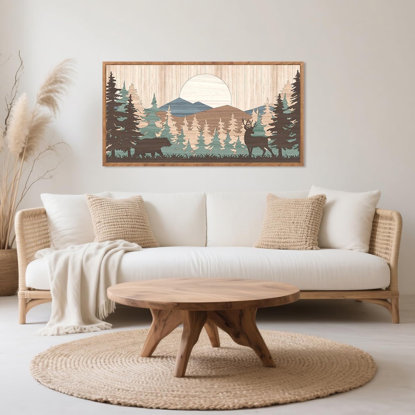 CHDITB Woodland Bear Moose Wild Animals Framed Wall Art(40"x20"), Retro Forest Mountain Sun Wildlife Artwork Painting, Adventure Hunting Themed Nature Landscape Posters Print for Nursery Baby Boy Room Bedroom