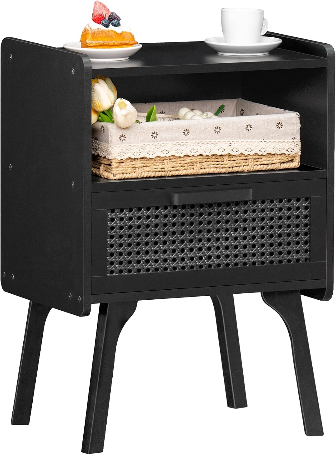 Lerliuo Rattan Nightstand, Boho Side Table with Drawer Open Shelf, Cane Accent Bedside End Table with Solid Wood Legs for Bedroom, Dorm and Small Spaces (Natural)