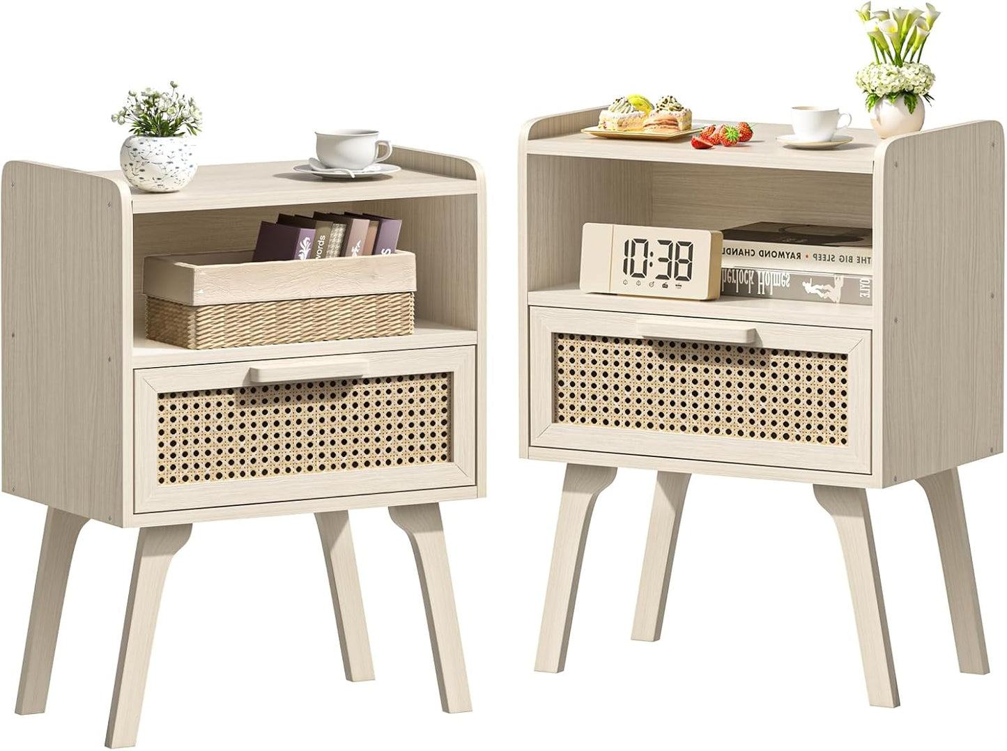 Lerliuo Rattan Nightstand, Boho Side Table with Drawer Open Shelf, Cane Accent Bedside End Table with Solid Wood Legs for Bedroom, Dorm and Small Spaces (Natural)