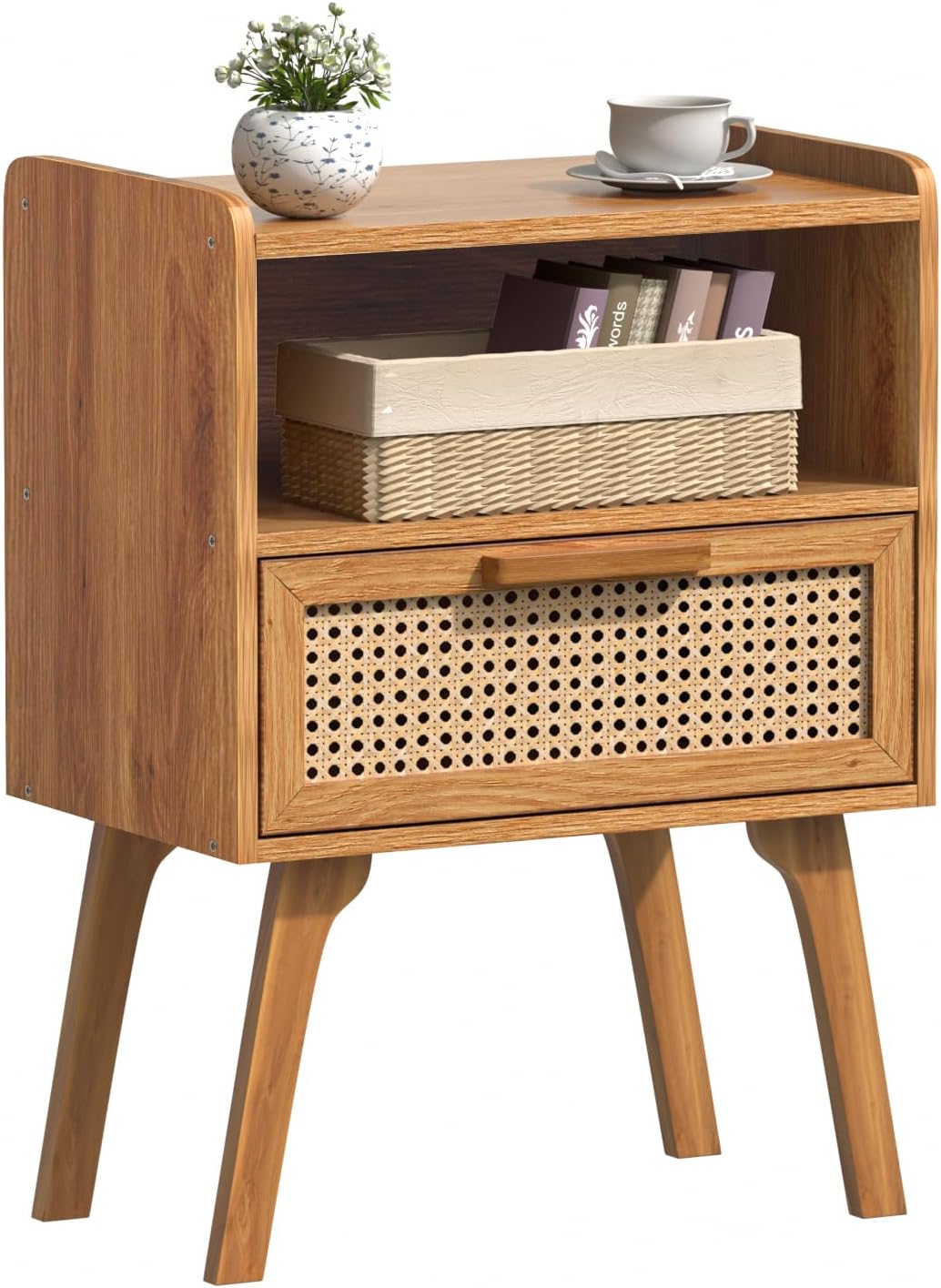 Lerliuo Rattan Nightstand, Boho Side Table with Drawer Open Shelf, Cane Accent Bedside End Table with Solid Wood Legs for Bedroom, Dorm and Small Spaces (Natural)