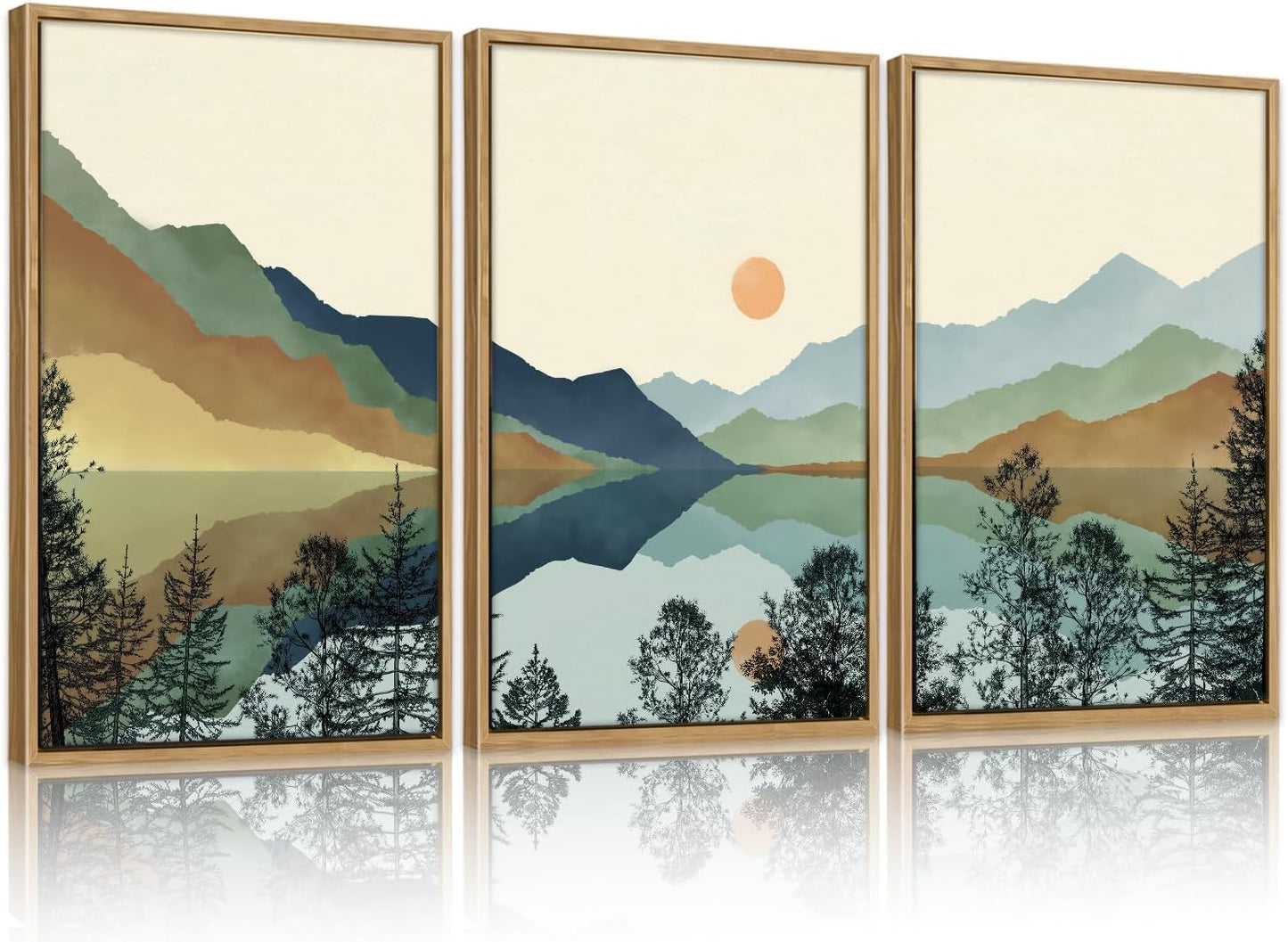 CHDITB Woodland Bear Moose Wild Animals Framed Wall Art(40"x20"), Retro Forest Mountain Sun Wildlife Artwork Painting, Adventure Hunting Themed Nature Landscape Posters Print for Nursery Baby Boy Room Bedroom