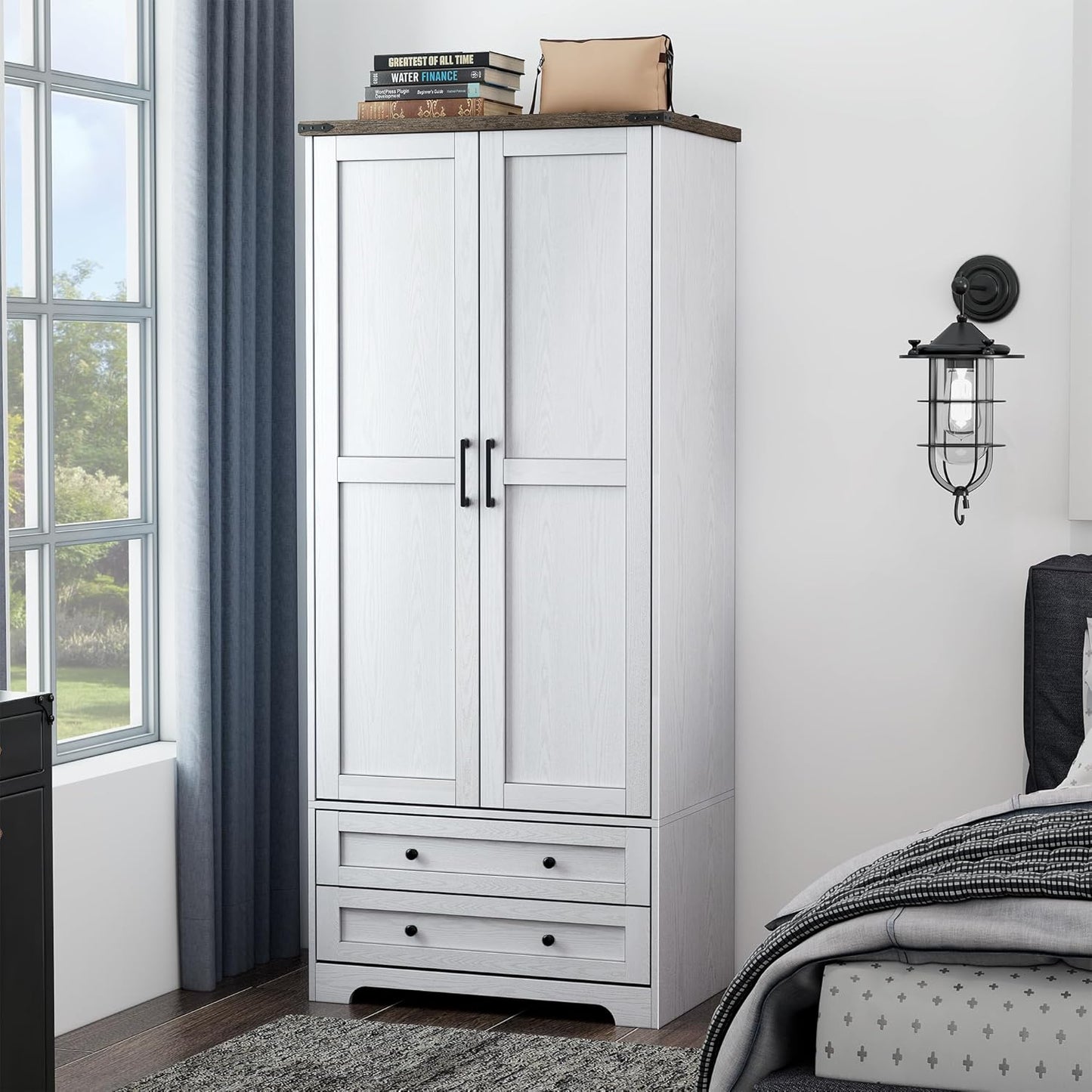 Yechen 71" Wooden Armoire Wardrobe Closet - Modern Functional Clothes Tall Storage Cabinet with Adjustable Shelf and Hanging Rail, Sturdy Freestanding Closet Wardrobe with 2 Wide Drawers (Natural)