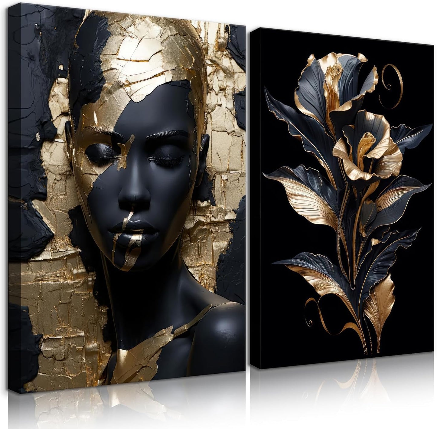 2 Pieces Black Gold African American Women Wall Art African American Wall Decor Gorgeous Woman Portrait Gold Flowers Painting Picture Prints for Bedroom Living Room Hallway Ready to Hang 12x16 Inch