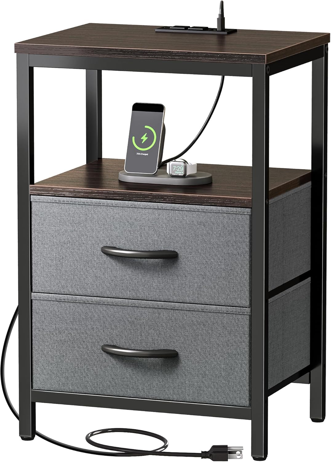 Huuger Nightstand with Charging Station, Side Table with Fabric Drawers, End Table with Open Shelf, Bedside Table with USB Ports and Outlets, Night Stand for Bedroom, Rustic Brown and Black
