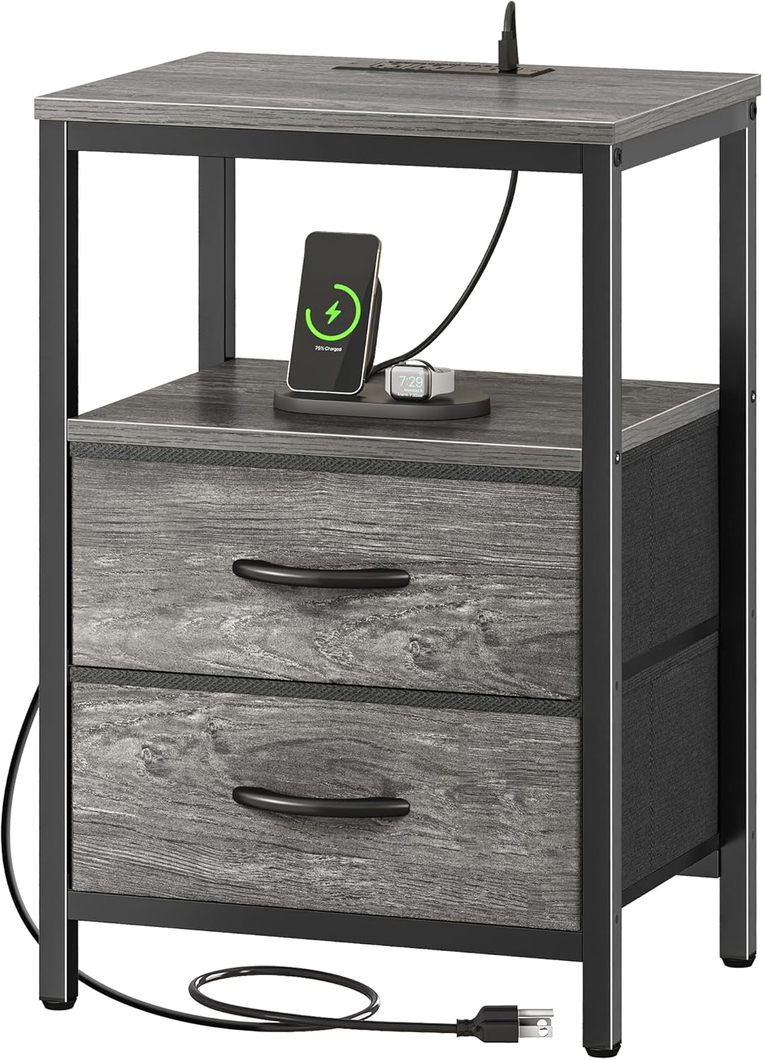 Huuger Nightstand with Charging Station, Side Table with Fabric Drawers, End Table with Open Shelf, Bedside Table with USB Ports and Outlets, Night Stand for Bedroom, Rustic Brown and Black
