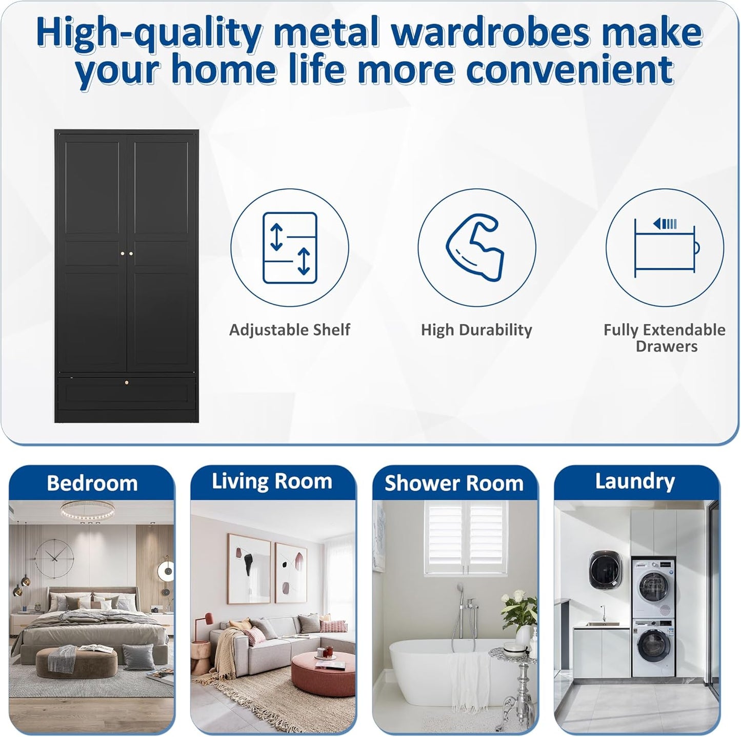 Metal Armoire Wardrobe Closet with 2 Doors 72'' Wardrobe Cabinet with Drawers and Hanging Rail Metal Closet with Adjustable Shelves for Bedroom. (Black, with 1drawer)