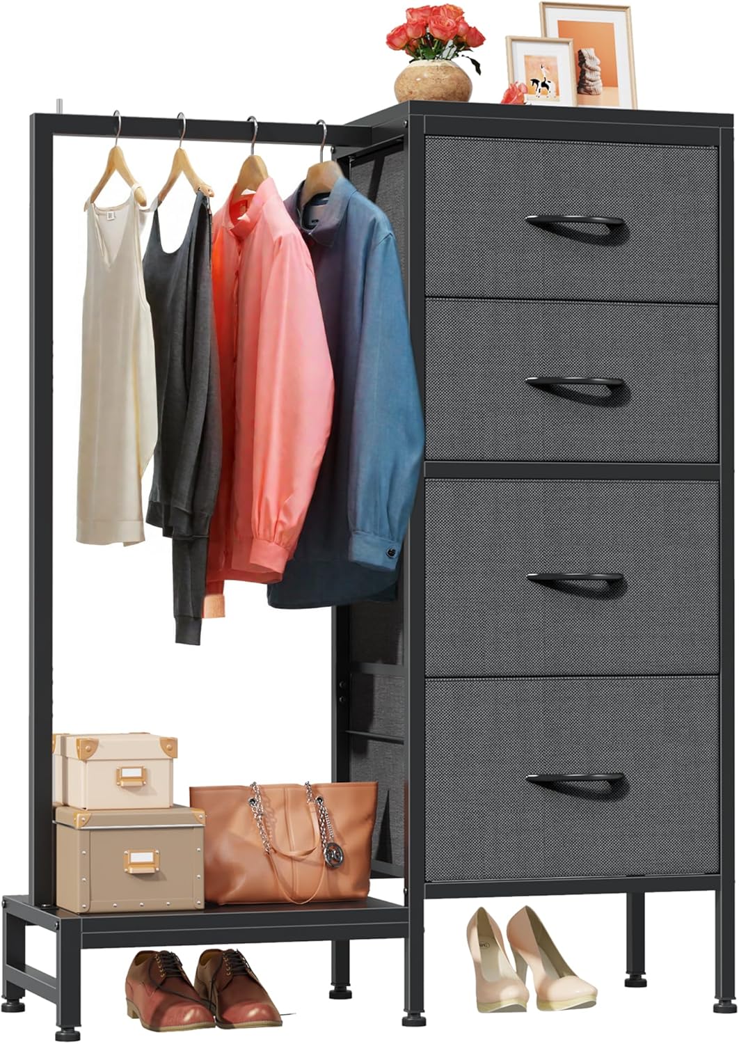 Dresser with Hanging Rack, 4 Drawers Small Closet for Bedroom, Reversible Fabric Kids Chest of Drawers with Clothes Rack, Tall Storage Tower, Sturdy Frame, White, 44''H