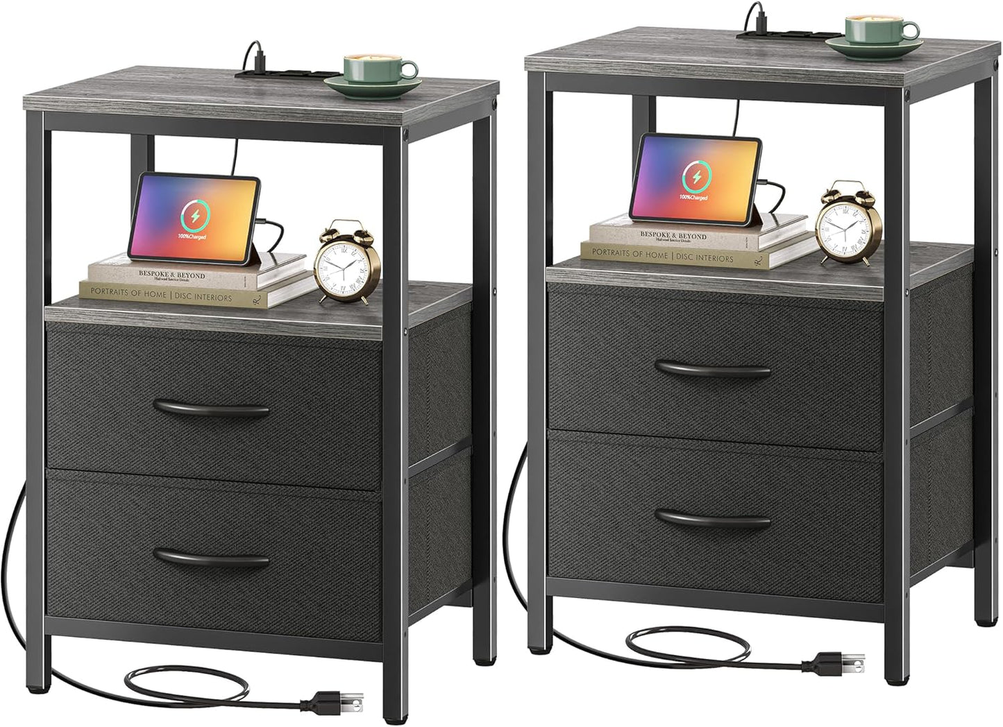 Huuger Nightstand with Charging Station, Side Table with Fabric Drawers, End Table with Open Shelf, Bedside Table with USB Ports and Outlets, Night Stand for Bedroom, Rustic Brown and Black