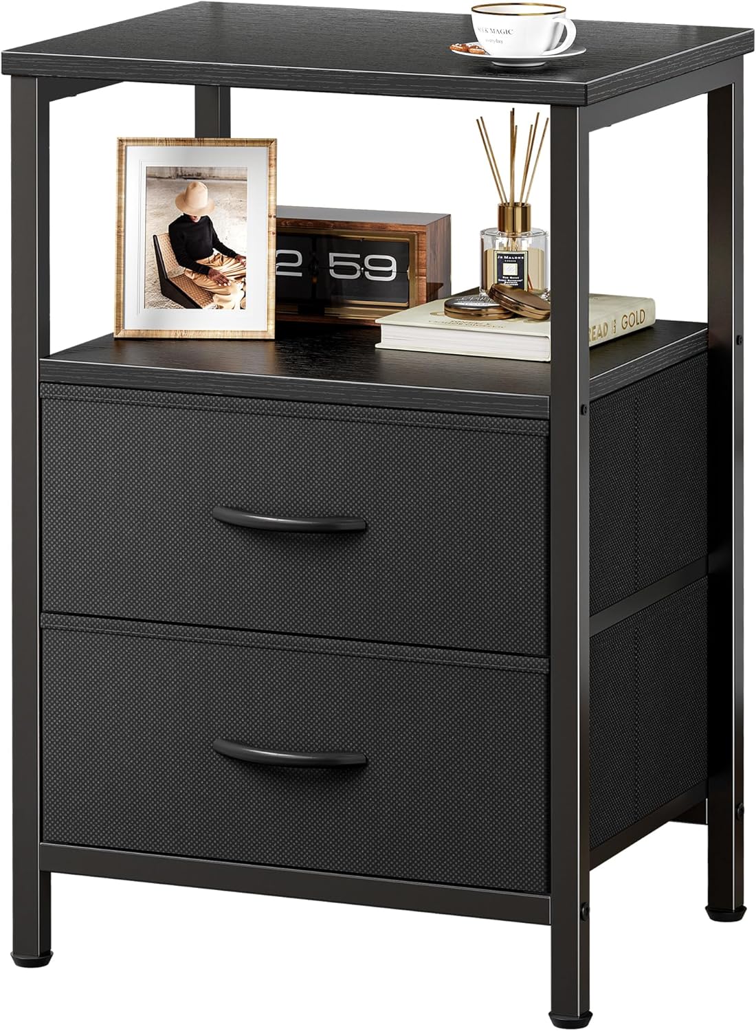 Huuger Night Stand with 2 Drawers, Bed Side Table with Open Shelf, Wooden Top, Nightstand for Bedroom, End Table for Small Space, Fabric Drawer, Rustic Brown