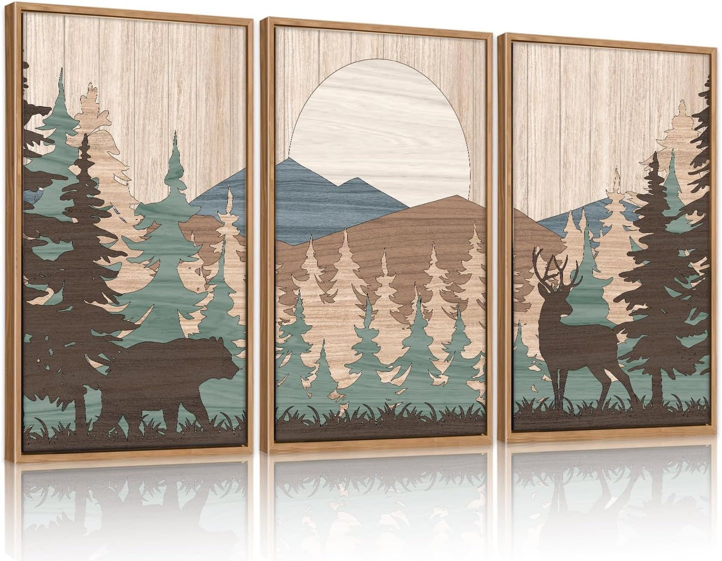 CHDITB Woodland Bear Moose Wild Animals Framed Wall Art(40"x20"), Retro Forest Mountain Sun Wildlife Artwork Painting, Adventure Hunting Themed Nature Landscape Posters Print for Nursery Baby Boy Room Bedroom