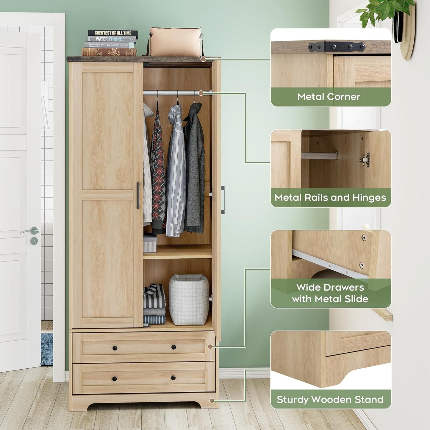 Yechen 71" Wooden Armoire Wardrobe Closet - Modern Functional Clothes Tall Storage Cabinet with Adjustable Shelf and Hanging Rail, Sturdy Freestanding Closet Wardrobe with 2 Wide Drawers (Natural)