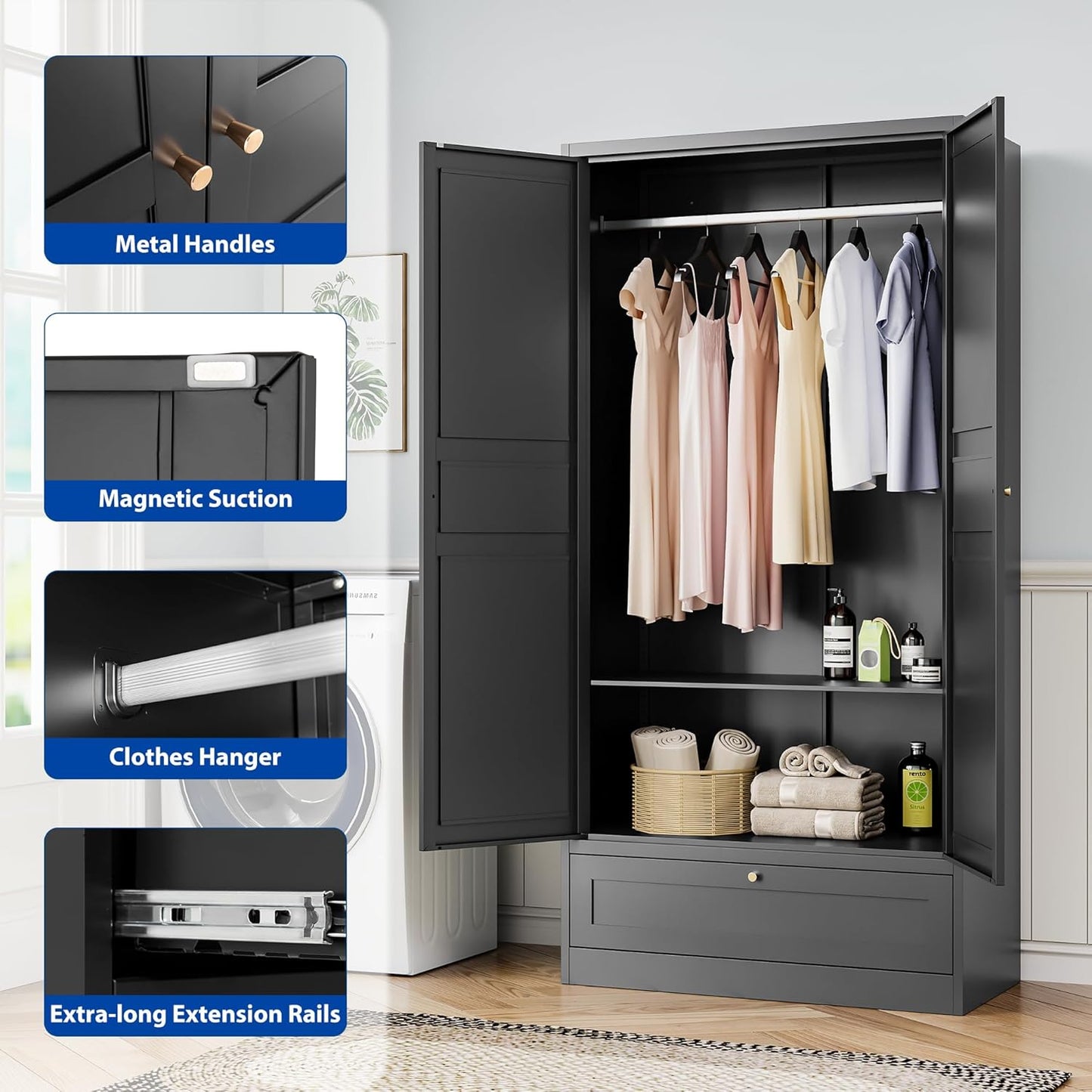 Metal Armoire Wardrobe Closet with 2 Doors 72'' Wardrobe Cabinet with Drawers and Hanging Rail Metal Closet with Adjustable Shelves for Bedroom. (Black, with 1drawer)