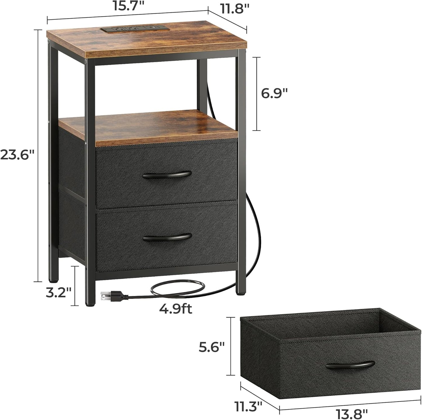 Huuger Nightstand with Charging Station, Side Table with Fabric Drawers, End Table with Open Shelf, Bedside Table with USB Ports and Outlets, Night Stand for Bedroom, Rustic Brown and Black