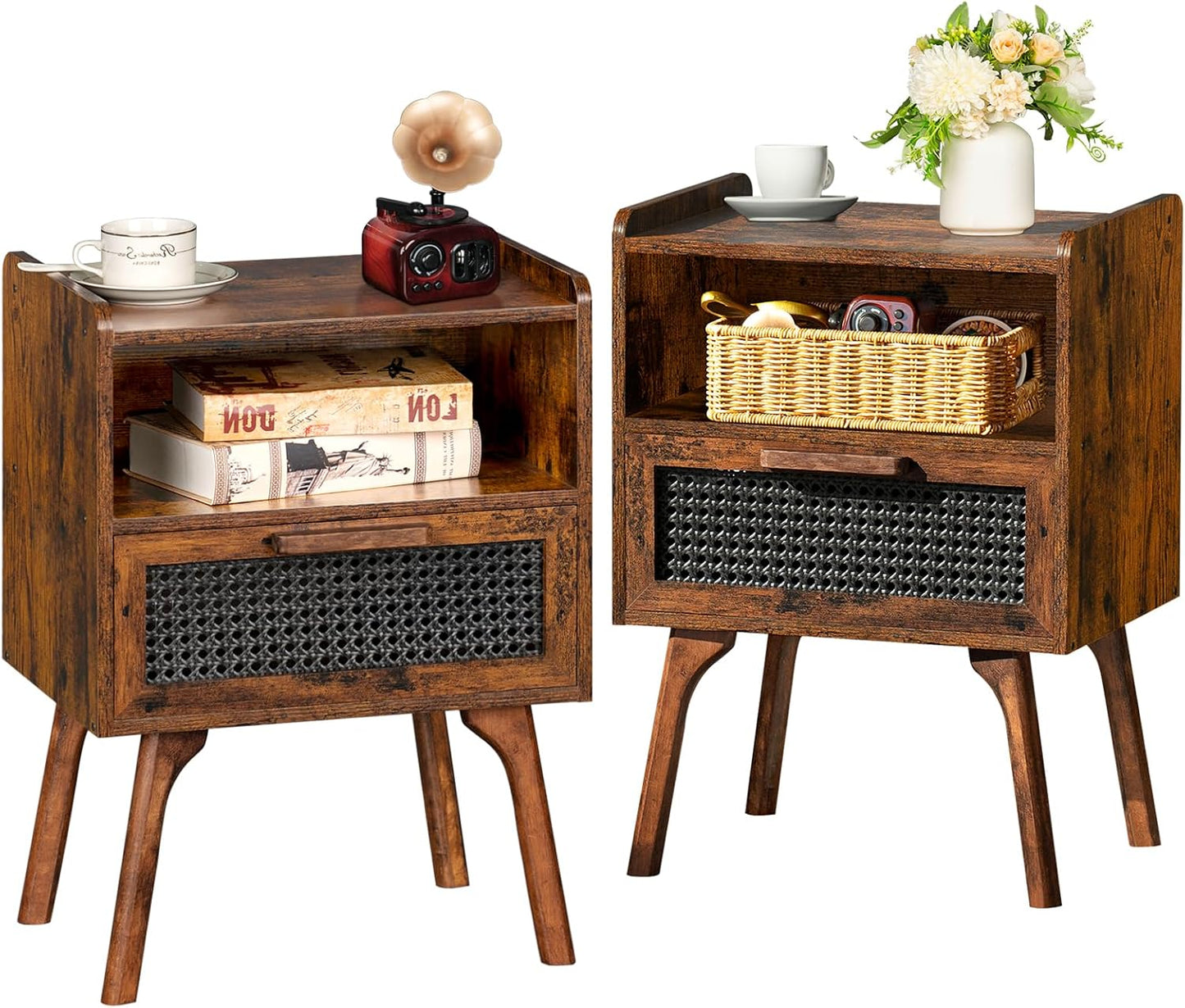 Lerliuo Rattan Nightstand, Boho Side Table with Drawer Open Shelf, Cane Accent Bedside End Table with Solid Wood Legs for Bedroom, Dorm and Small Spaces (Natural)