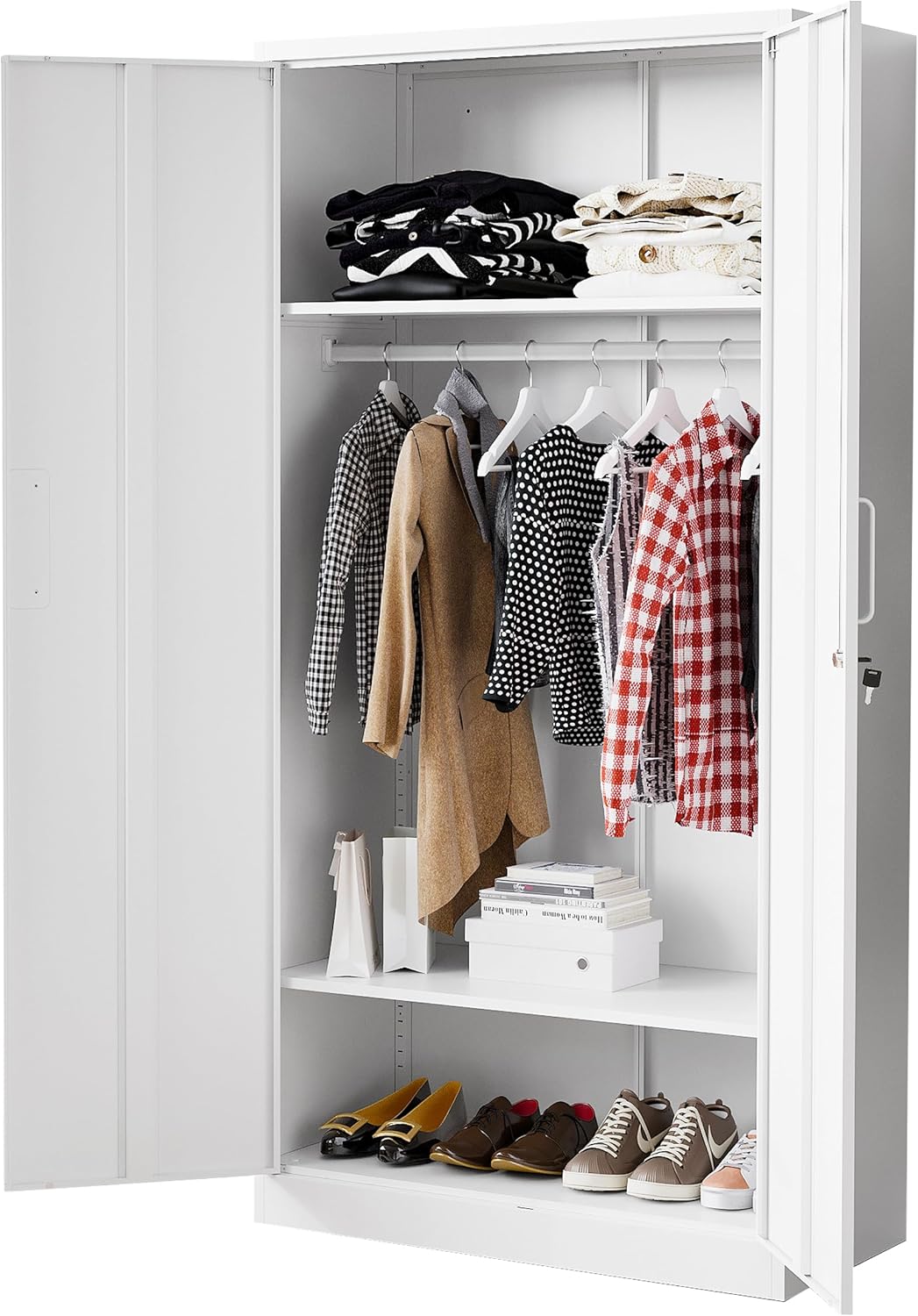 Metal Armoire Wardrobe Closet with 2 Doors 72'' Wardrobe Cabinet with Drawers and Hanging Rail Metal Closet with Adjustable Shelves for Bedroom. (Black, with 1drawer)
