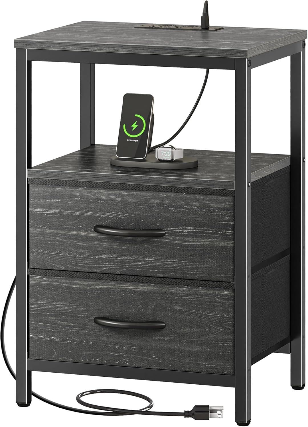 Huuger Nightstand with Charging Station, Side Table with Fabric Drawers, End Table with Open Shelf, Bedside Table with USB Ports and Outlets, Night Stand for Bedroom, Rustic Brown and Black