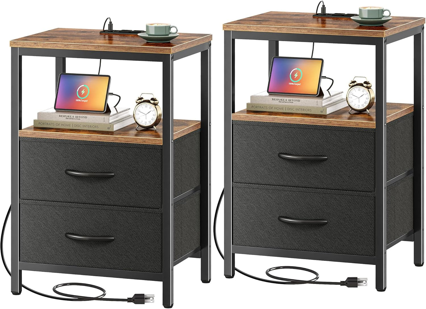Huuger Nightstand with Charging Station, Side Table with Fabric Drawers, End Table with Open Shelf, Bedside Table with USB Ports and Outlets, Night Stand for Bedroom, Rustic Brown and Black