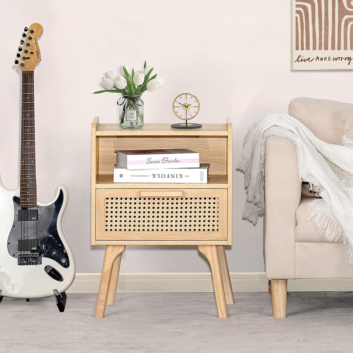Lerliuo Rattan Nightstand, Boho Side Table with Drawer Open Shelf, Cane Accent Bedside End Table with Solid Wood Legs for Bedroom, Dorm and Small Spaces (Natural)