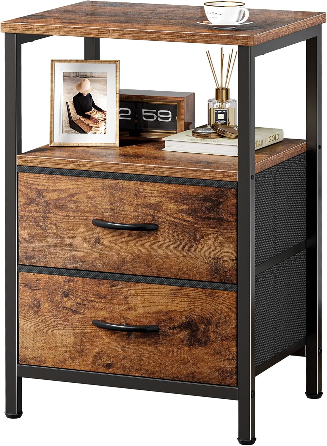 Huuger Night Stand with 2 Drawers, Bed Side Table with Open Shelf, Wooden Top, Nightstand for Bedroom, End Table for Small Space, Fabric Drawer, Rustic Brown