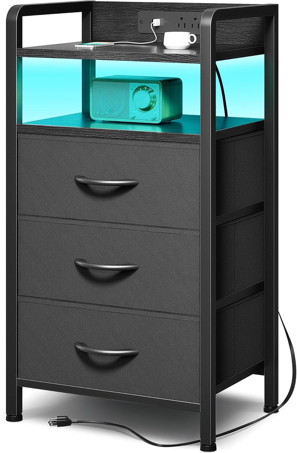 Night Stand Bedside Charger Bedroom - Nightstand with Charging Station & LED Light Strip, Night Stand with Storage Shelf & 2 Fabric Drawers, Morden End Table with U-S-B Ports & AC Outlets