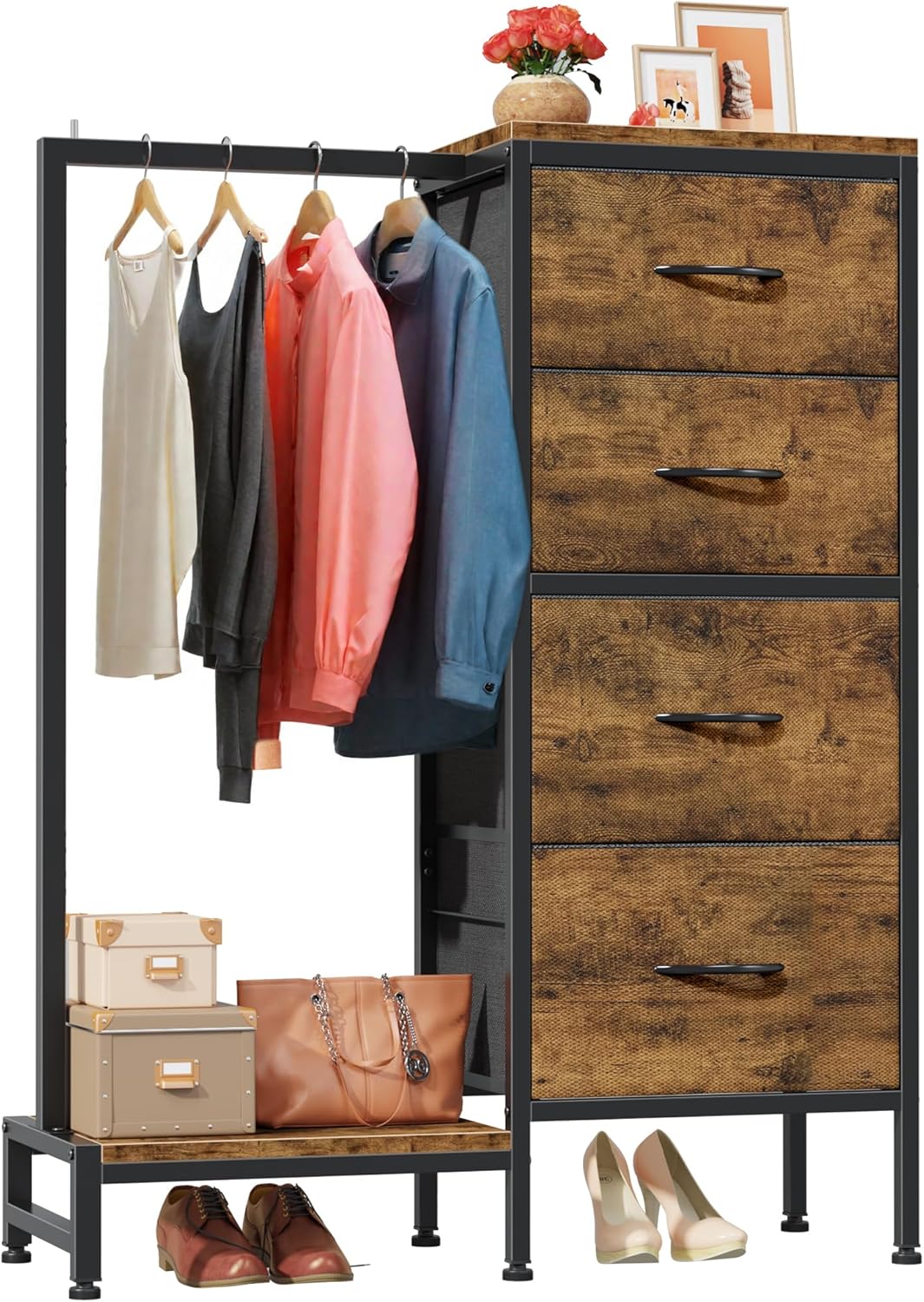 Dresser with Hanging Rack, 4 Drawers Small Closet for Bedroom, Reversible Fabric Kids Chest of Drawers with Clothes Rack, Tall Storage Tower, Sturdy Frame, White, 44''H