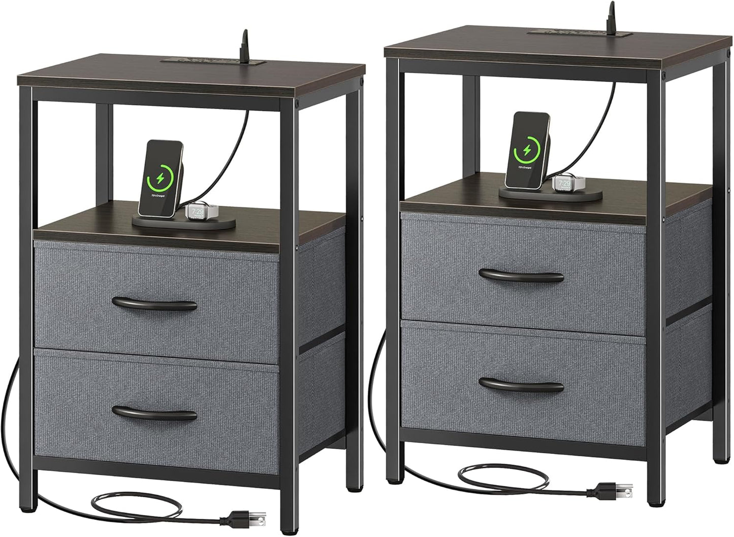 Huuger Nightstand with Charging Station, Side Table with Fabric Drawers, End Table with Open Shelf, Bedside Table with USB Ports and Outlets, Night Stand for Bedroom, Rustic Brown and Black