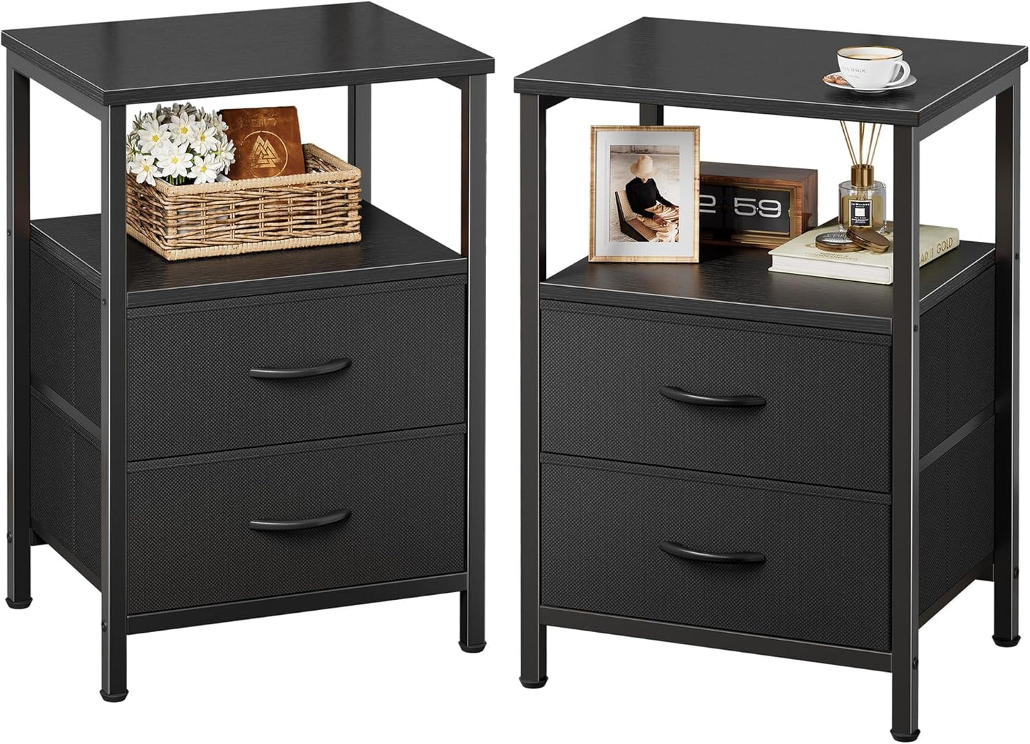 Huuger Night Stand with 2 Drawers, Bed Side Table with Open Shelf, Wooden Top, Nightstand for Bedroom, End Table for Small Space, Fabric Drawer, Rustic Brown