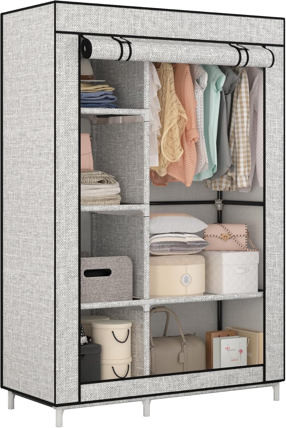 Calmootey Portable Closet Organizers, Clothing Storage, Wardrobe with 6 Shelves and Hanging Rod, Non-Woven Fabric Cover with 4 Side Pockets, Black