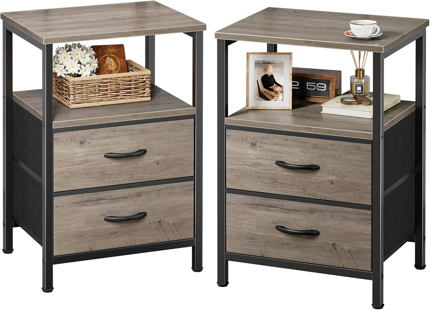 Huuger Night Stand with 2 Drawers, Bed Side Table with Open Shelf, Wooden Top, Nightstand for Bedroom, End Table for Small Space, Fabric Drawer, Rustic Brown