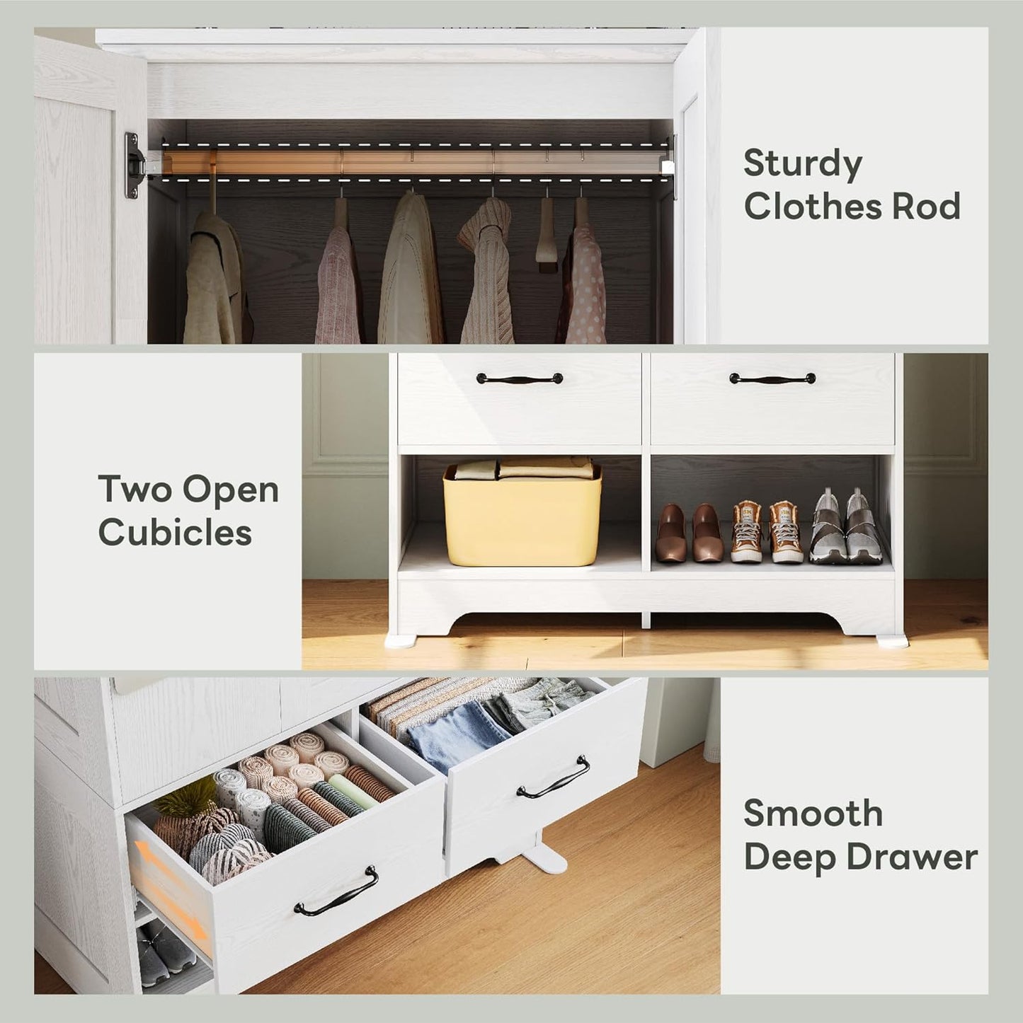LIKIMIO 3 Doors Armoire Wardrobe Closet with Mirror, 2 Shoe Racks, 70" H Wooden Bedroom Armoires with 2 Drawers and Adjustable Shelves, Freestanding Closet Storage Cabinet with Hanging Rail, White