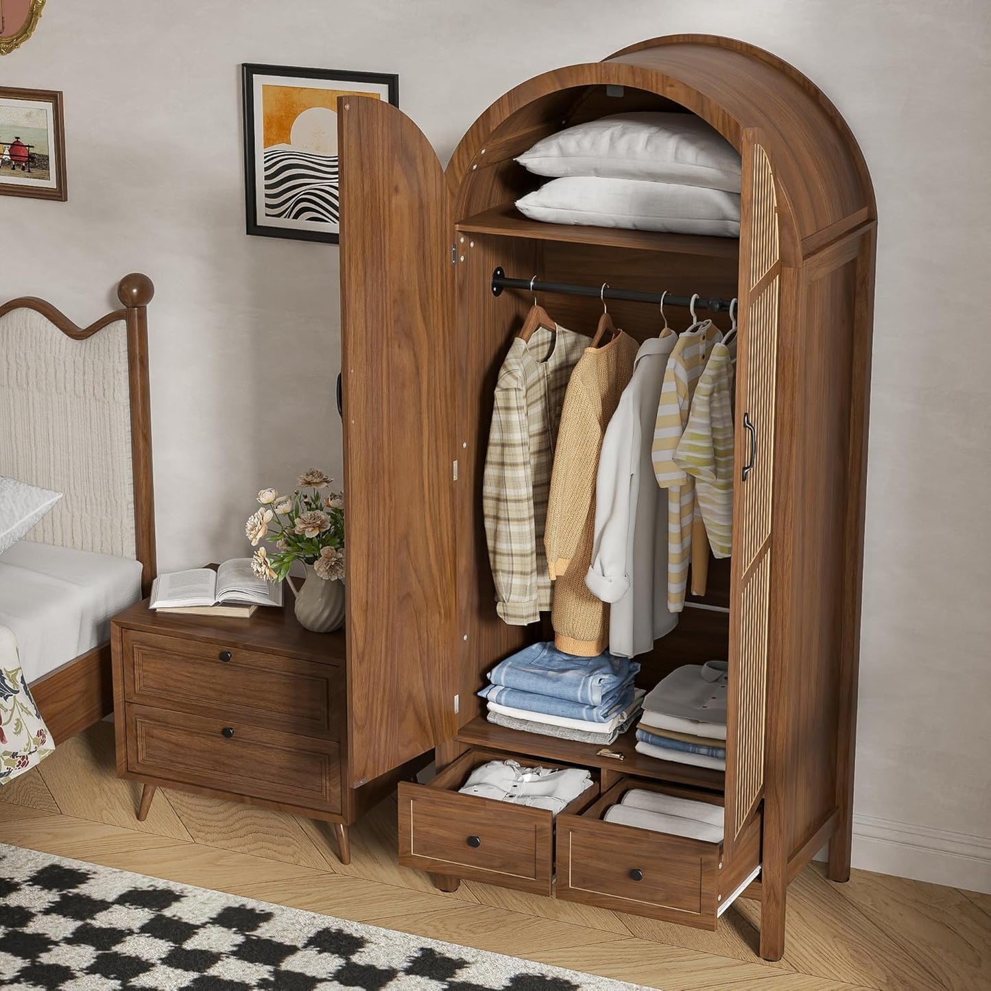 Wardrobe Closet, Modern Armoire Wardrobe Closet with Drawers and 2 Arched Fluted Doors, 70.87‘’ Tall Wooden Bedroom Armoires with Shelves and Hanging Rod (1, Walnut,17.71''D)