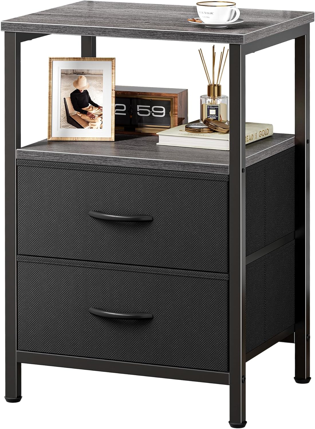 Huuger Night Stand with 2 Drawers, Bed Side Table with Open Shelf, Wooden Top, Nightstand for Bedroom, End Table for Small Space, Fabric Drawer, Rustic Brown