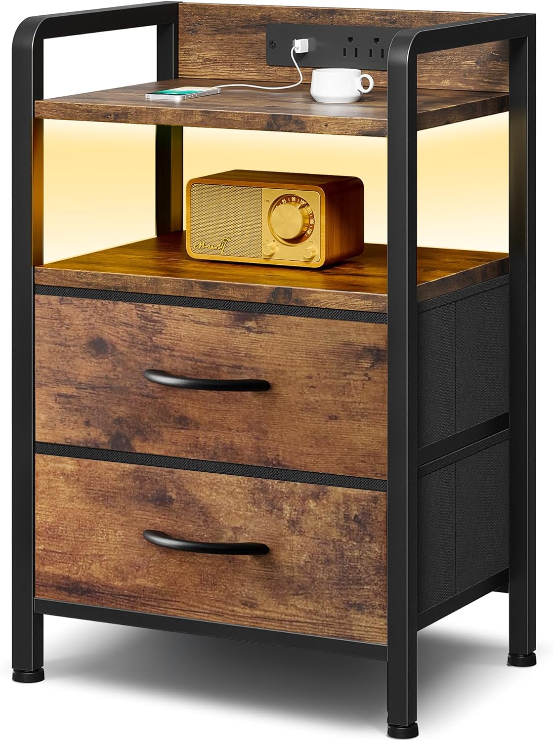 Night Stand Bedside Charger Bedroom - Nightstand with Charging Station & LED Light Strip, Night Stand with Storage Shelf & 2 Fabric Drawers, Morden End Table with U-S-B Ports & AC Outlets