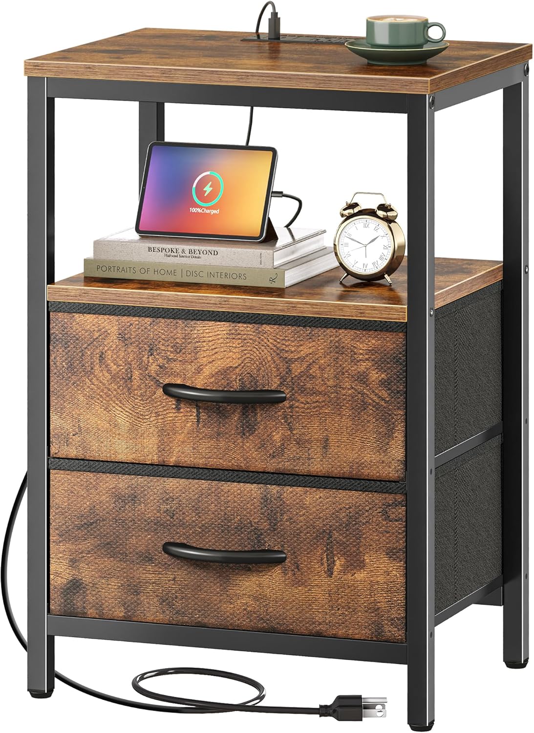 Huuger Nightstand with Charging Station, Side Table with Fabric Drawers, End Table with Open Shelf, Bedside Table with USB Ports and Outlets, Night Stand for Bedroom, Rustic Brown and Black