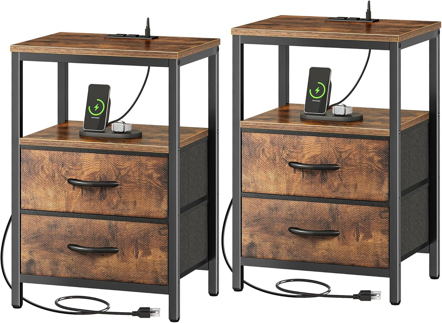 Huuger Nightstand with Charging Station, Side Table with Fabric Drawers, End Table with Open Shelf, Bedside Table with USB Ports and Outlets, Night Stand for Bedroom, Rustic Brown and Black