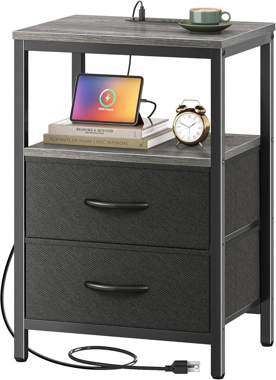 Huuger Nightstand with Charging Station, Side Table with Fabric Drawers, End Table with Open Shelf, Bedside Table with USB Ports and Outlets, Night Stand for Bedroom, Rustic Brown and Black