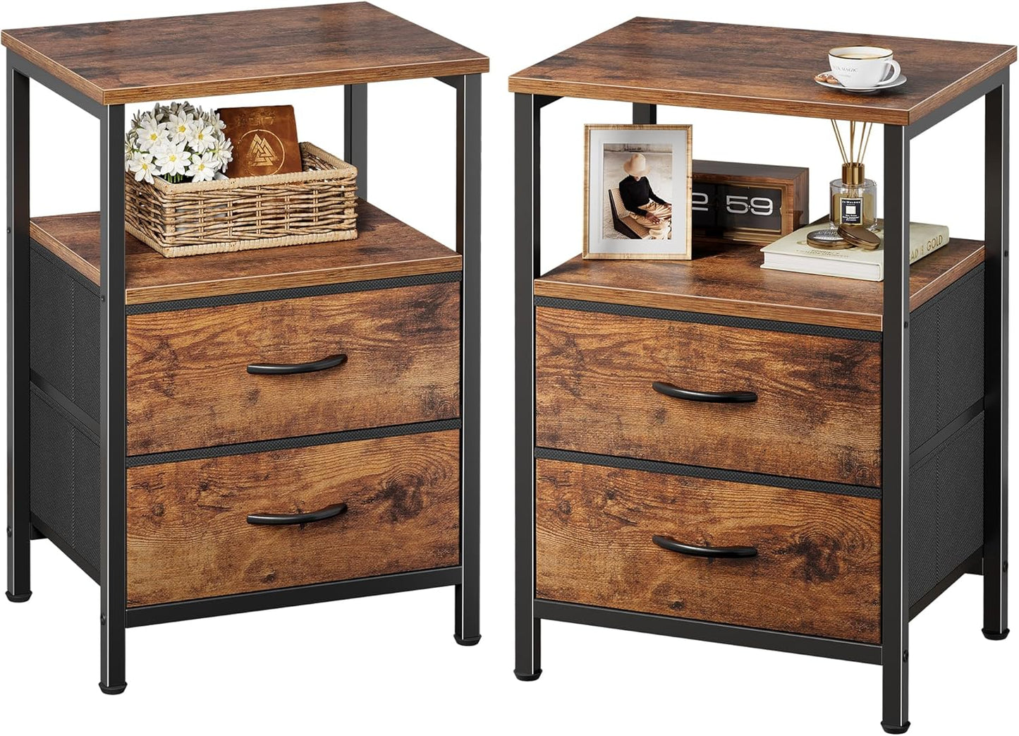 Huuger Night Stand with 2 Drawers, Bed Side Table with Open Shelf, Wooden Top, Nightstand for Bedroom, End Table for Small Space, Fabric Drawer, Rustic Brown