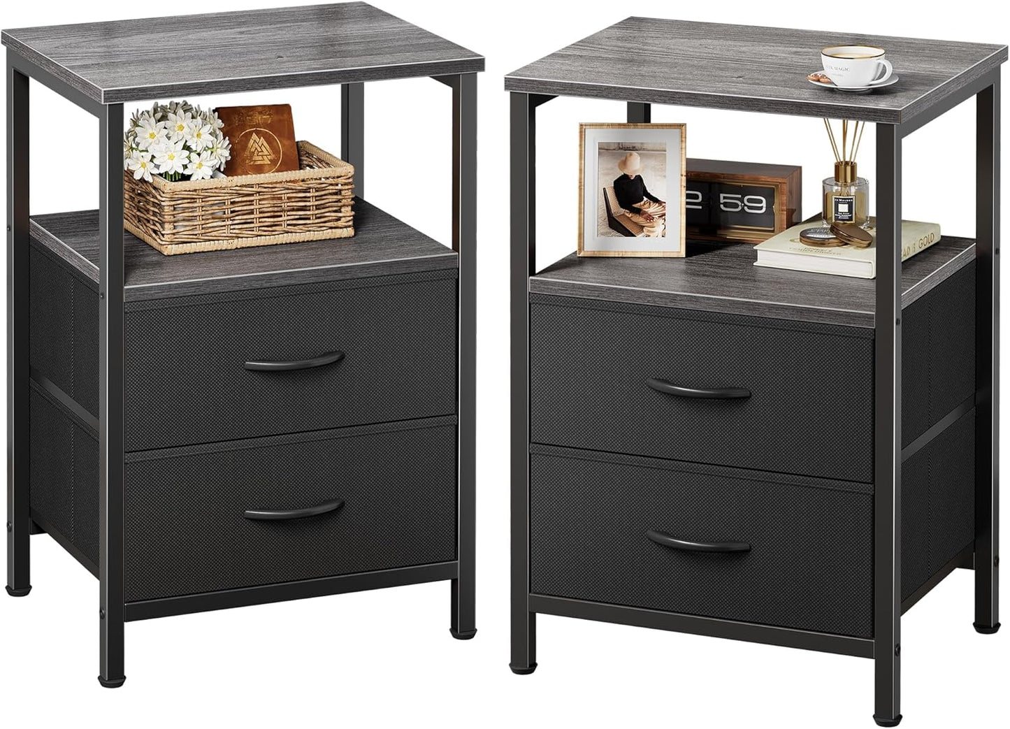 Huuger Night Stand with 2 Drawers, Bed Side Table with Open Shelf, Wooden Top, Nightstand for Bedroom, End Table for Small Space, Fabric Drawer, Rustic Brown