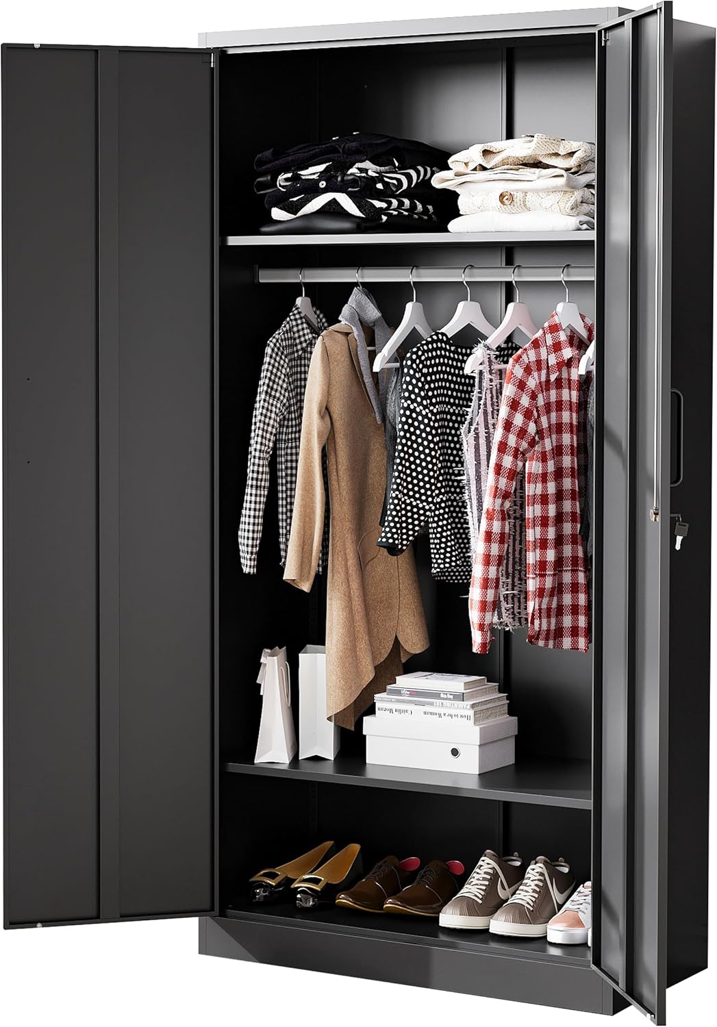 Metal Armoire Wardrobe Closet with 2 Doors 72'' Wardrobe Cabinet with Drawers and Hanging Rail Metal Closet with Adjustable Shelves for Bedroom. (Black, with 1drawer)