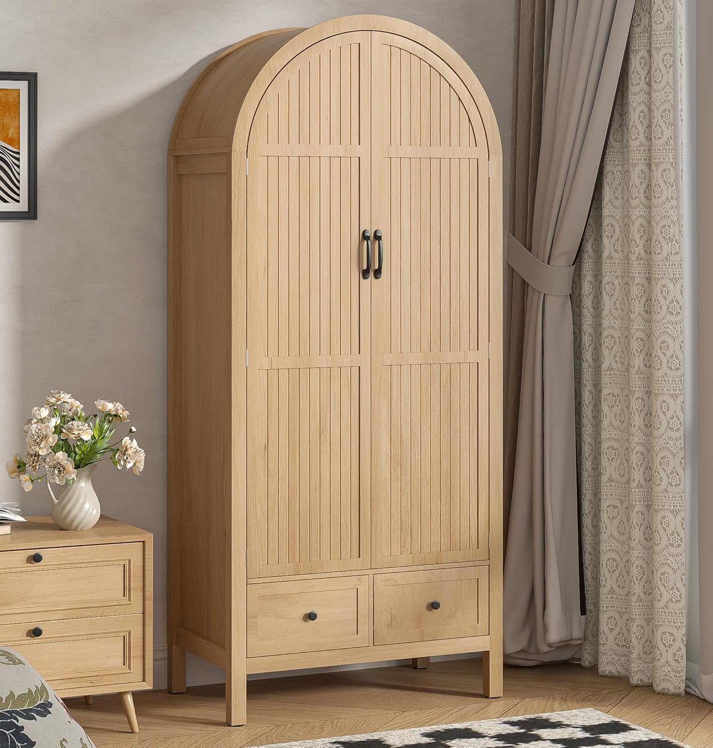 Wardrobe Closet, Modern Armoire Wardrobe Closet with Drawers and 2 Arched Fluted Doors, 70.87‘’ Tall Wooden Bedroom Armoires with Shelves and Hanging Rod (1, Walnut,17.71''D)
