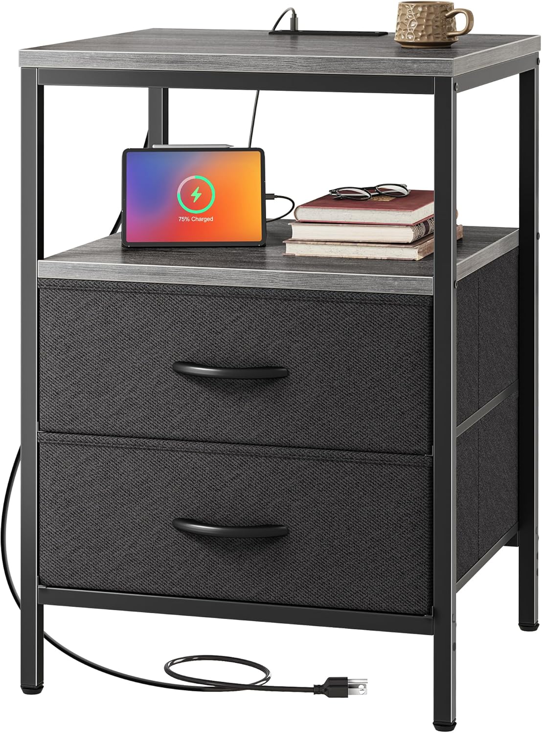 Huuger Nightstand with Charging Station, Side Table with Fabric Drawers, End Table with Open Shelf, Bedside Table with USB Ports and Outlets, Night Stand for Bedroom, Rustic Brown and Black