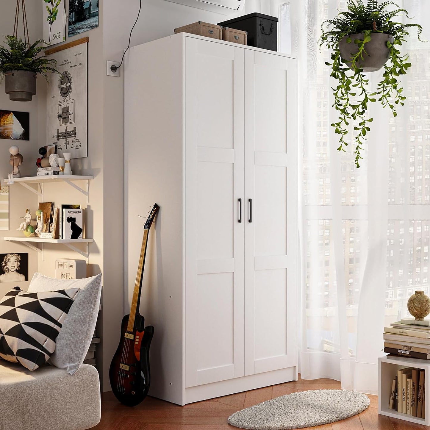 Wood White Wardrobe Closet with 2 Doors and 2 Drawers,Bedroom Freestanding Armoire Storage Cabinet with Shelves,Wooden Wardrobe Combination for Hanging Clothes (White 2 Drawers)