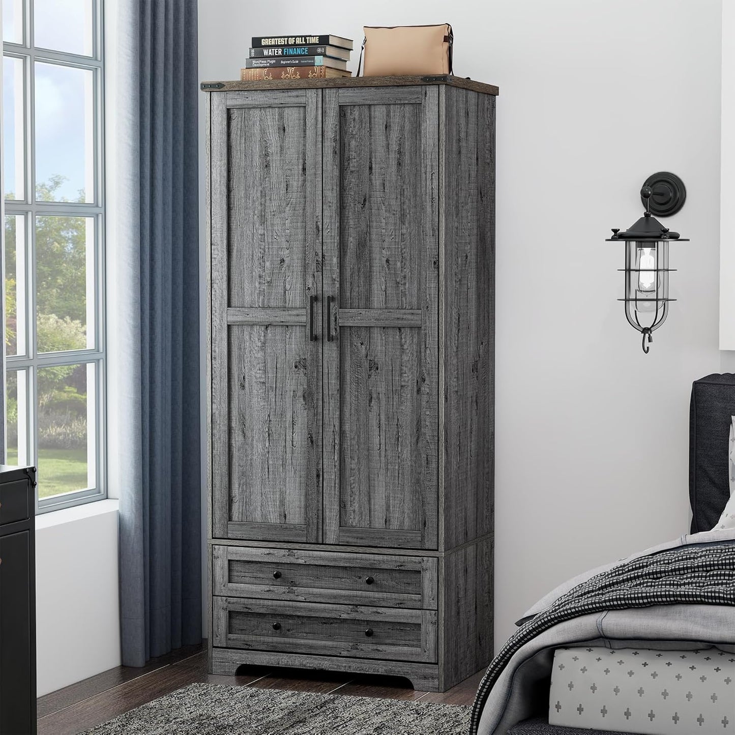 Yechen 71" Wooden Armoire Wardrobe Closet - Modern Functional Clothes Tall Storage Cabinet with Adjustable Shelf and Hanging Rail, Sturdy Freestanding Closet Wardrobe with 2 Wide Drawers (Natural)