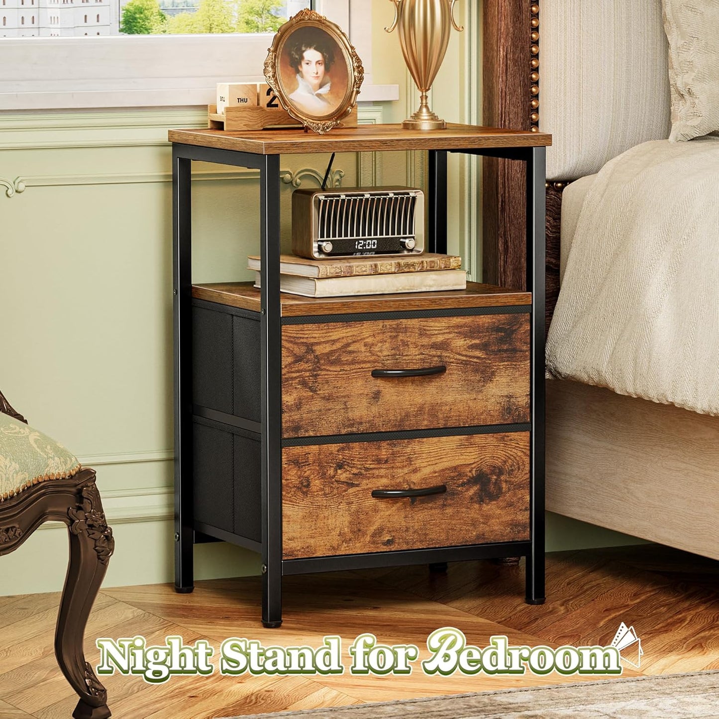 Huuger Night Stand with 2 Drawers, Bed Side Table with Open Shelf, Wooden Top, Nightstand for Bedroom, End Table for Small Space, Fabric Drawer, Rustic Brown