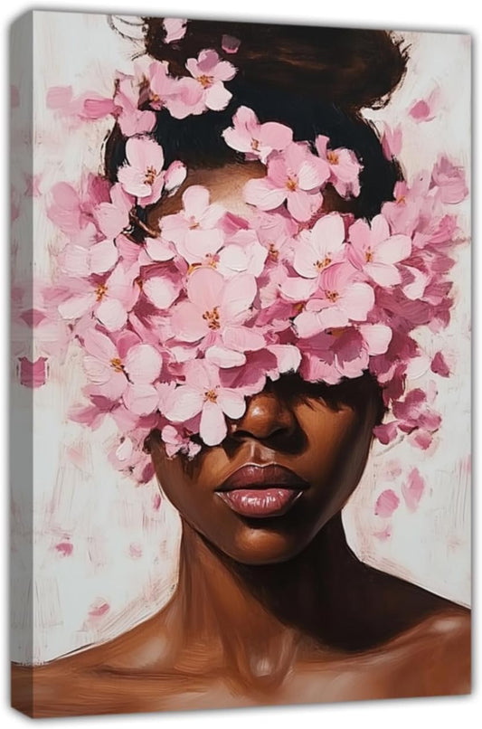 AWPANERAR African American Canvas Wall Art Black Woman Poster Painting Abstract Girl with Flowers Painting Vintage Girl Portrait Bedroom Living Room Decor (Black, (18L x 12W))