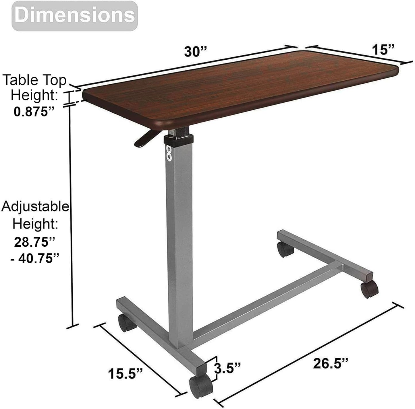 Vaunn Medical Adjustable Overbed Bedside Table With Wheels (Hospital and Home Use)