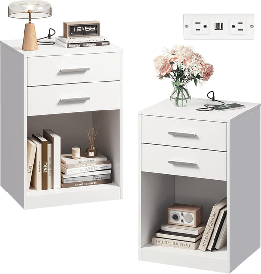 WLIVE Night Stand Set of 2 with Charging Station, Nightstands with Wood Drawers and Open Shelf, Bed Side Tables Living Room, Bedroom, Modern End Table Set 2, White