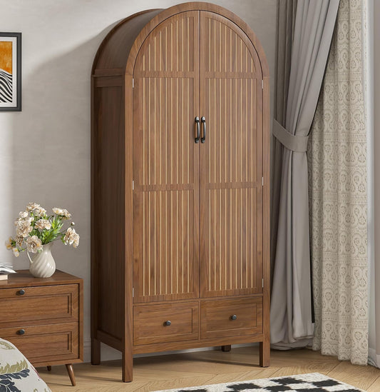 Wardrobe Closet, Modern Armoire Wardrobe Closet with Drawers and 2 Arched Fluted Doors, 70.87‘’ Tall Wooden Bedroom Armoires with Shelves and Hanging Rod (1, Walnut,17.71''D)