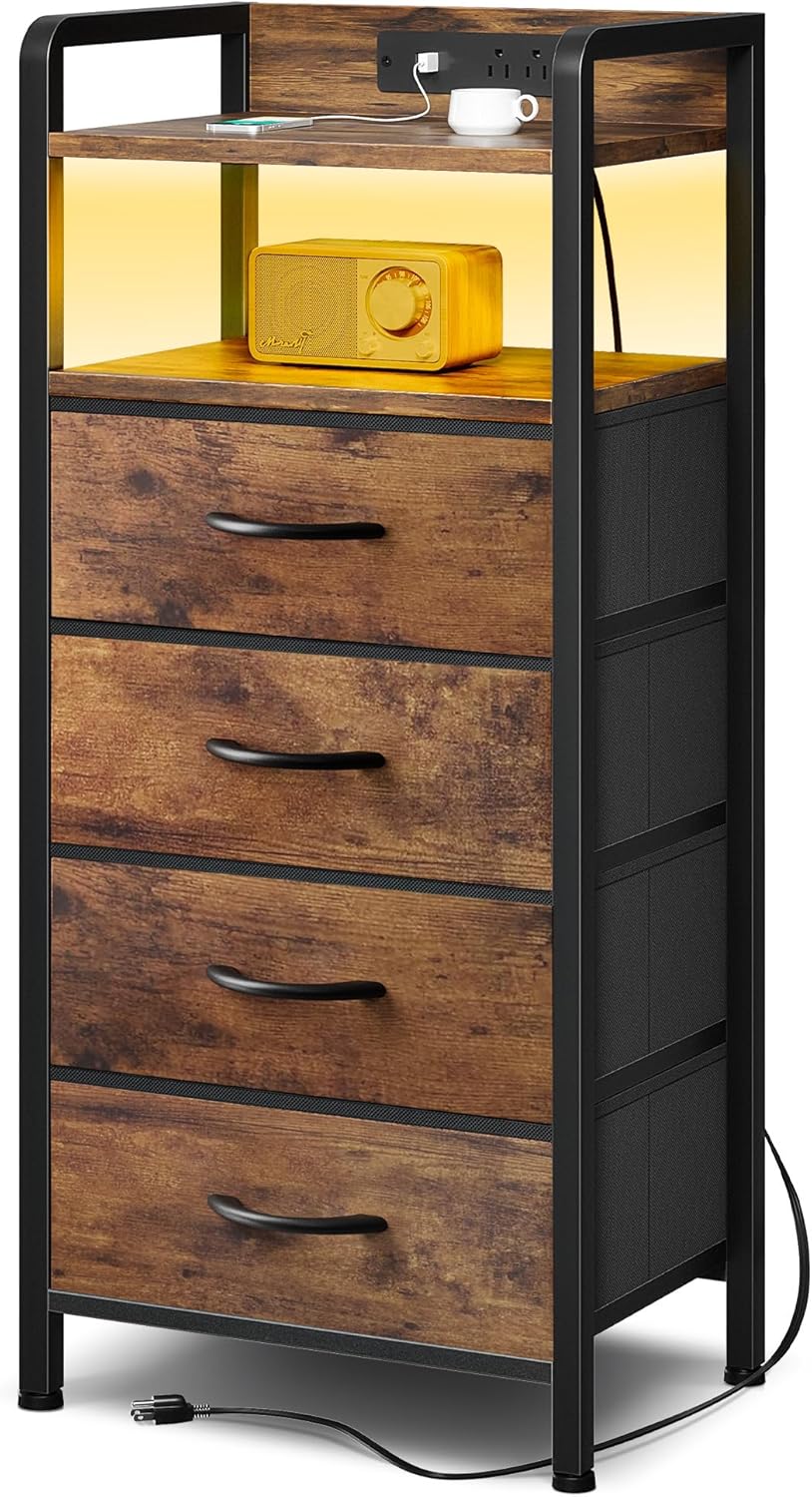 Night Stand Bedside Charger Bedroom - Nightstand with Charging Station & LED Light Strip, Night Stand with Storage Shelf & 2 Fabric Drawers, Morden End Table with U-S-B Ports & AC Outlets